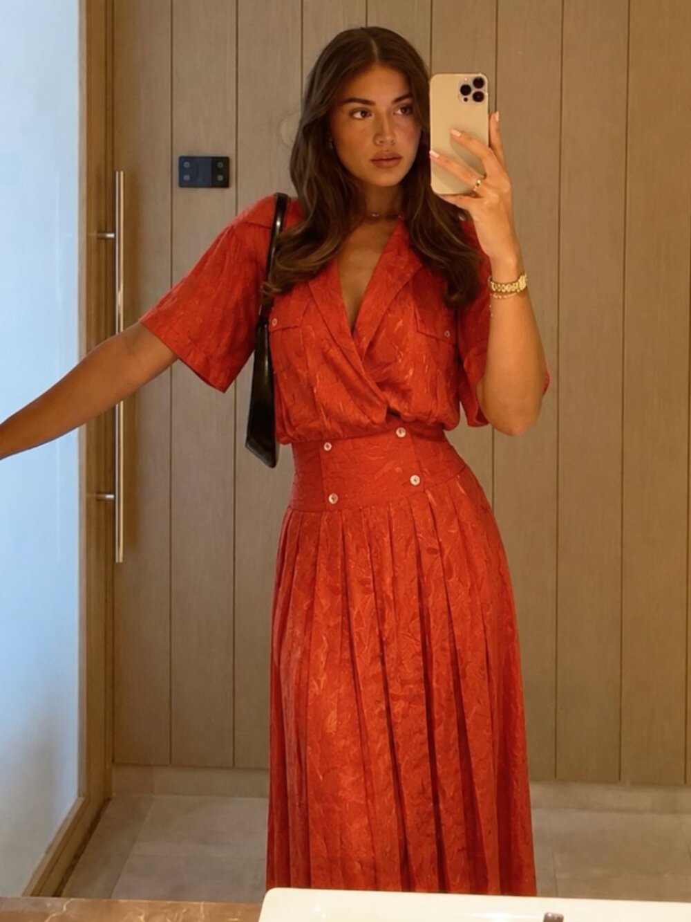 80s Orange Midi Dress Drop Waist Peplum Doubled Breasted Collar V-Neck